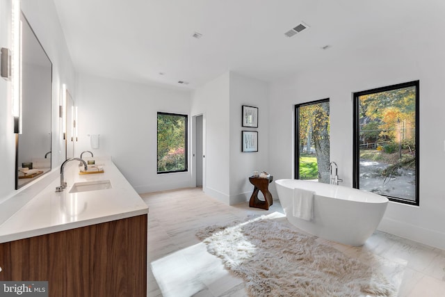 bathroom featuring vanity, a tub to relax in, and hardwood / wood-style floors