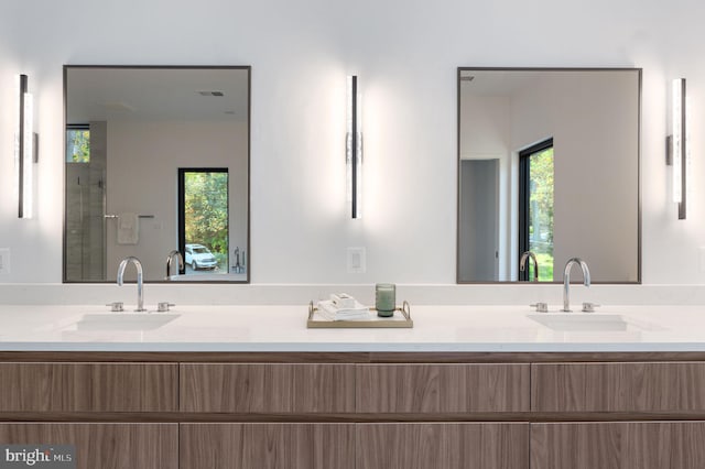 bathroom featuring vanity, plenty of natural light, and a shower with door