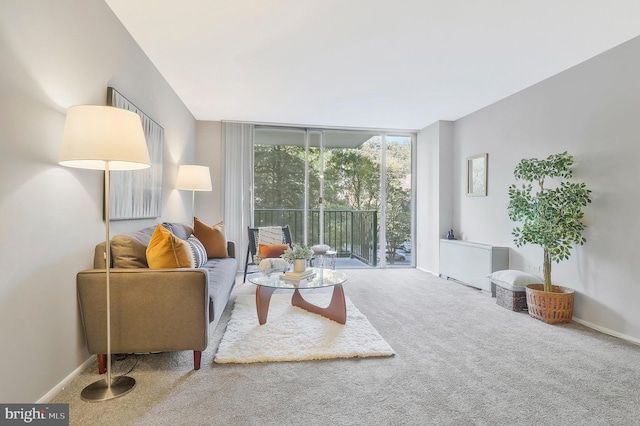 carpeted living room featuring floor to ceiling windows