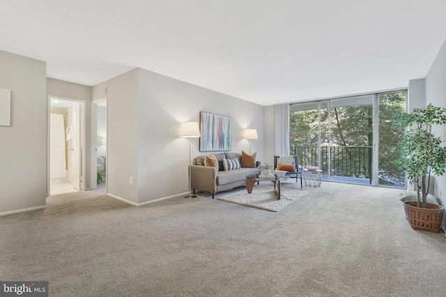 living room with light colored carpet and floor to ceiling windows