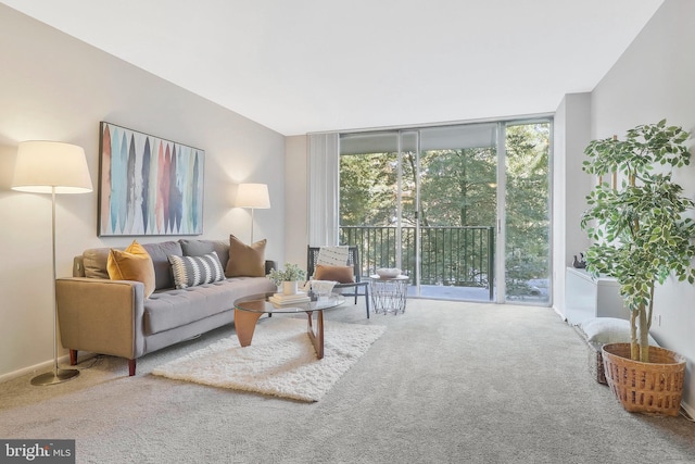 living room featuring a wall of windows and carpet flooring