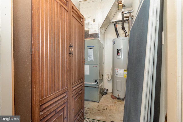 utility room with electric water heater and heating unit