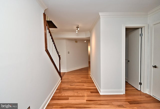 corridor with light hardwood / wood-style floors and ornamental molding