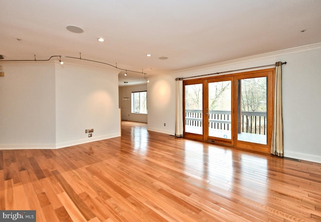 unfurnished room with light hardwood / wood-style floors, ornamental molding, and a wealth of natural light