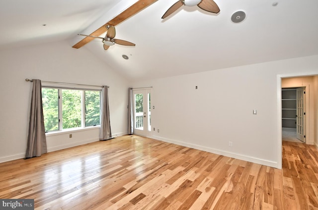 empty room featuring lofted ceiling with beams, light hardwood / wood-style flooring, and ceiling fan