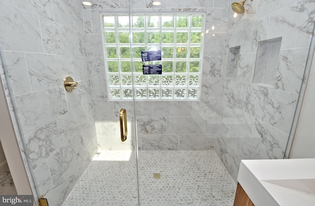 bathroom featuring a healthy amount of sunlight and a shower with shower door