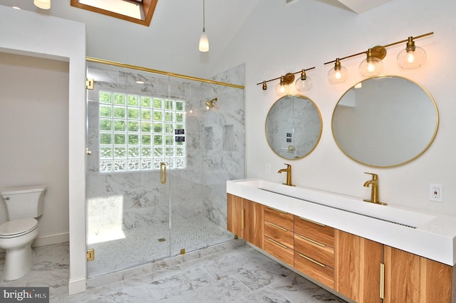 bathroom featuring vanity, toilet, a shower with shower door, and lofted ceiling with skylight