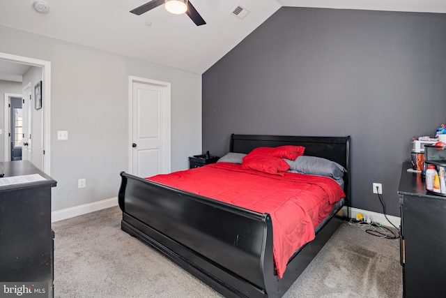 carpeted bedroom featuring ceiling fan and lofted ceiling