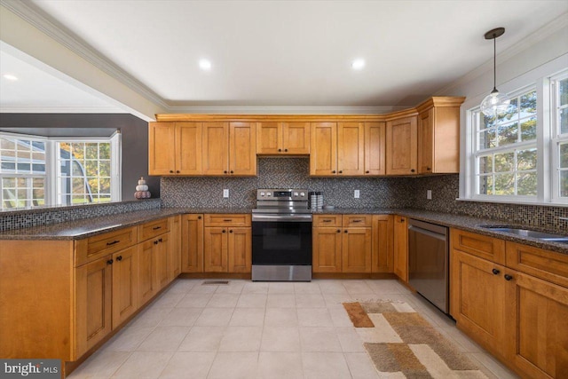 kitchen featuring ornamental molding, hanging light fixtures, stainless steel appliances, and plenty of natural light