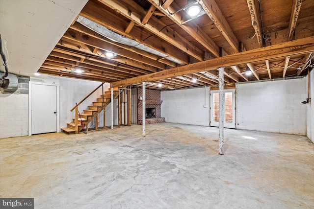 basement featuring a fireplace