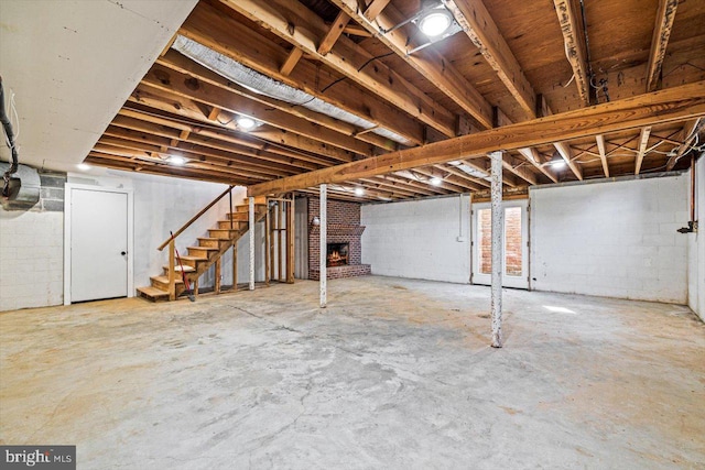 basement featuring a fireplace