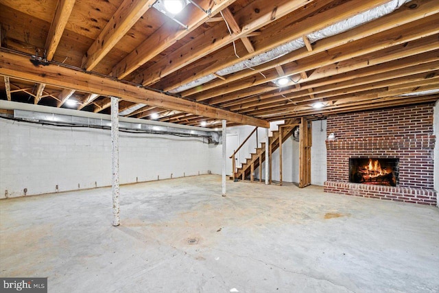 basement featuring a fireplace