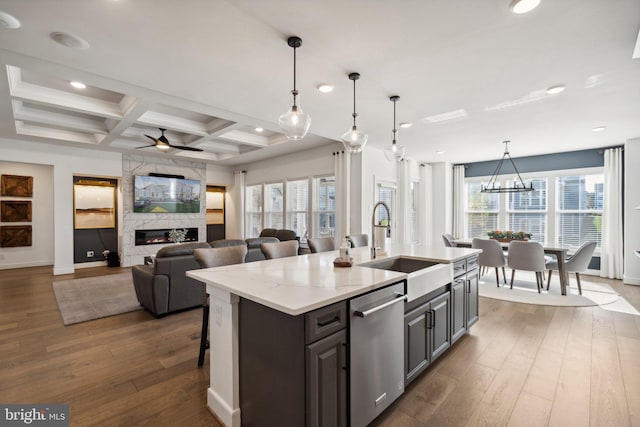 kitchen with dark hardwood / wood-style floors, dishwasher, plenty of natural light, and a center island with sink