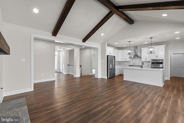 unfurnished living room featuring lofted ceiling with beams and dark hardwood / wood-style floors