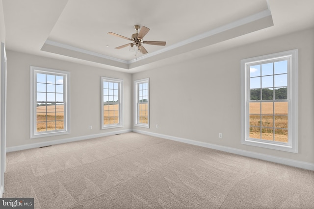 carpeted empty room featuring ceiling fan, crown molding, and a tray ceiling