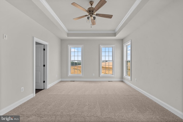 empty room with crown molding, carpet floors, ceiling fan, and a raised ceiling