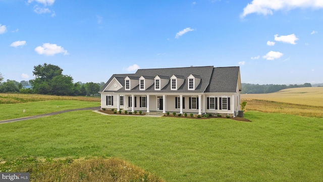 cape cod-style house featuring a front yard, a porch, and a rural view