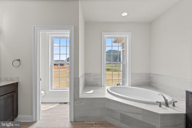 bathroom with vanity, toilet, wood-type flooring, and tiled bath