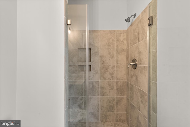 bathroom featuring a shower with shower door