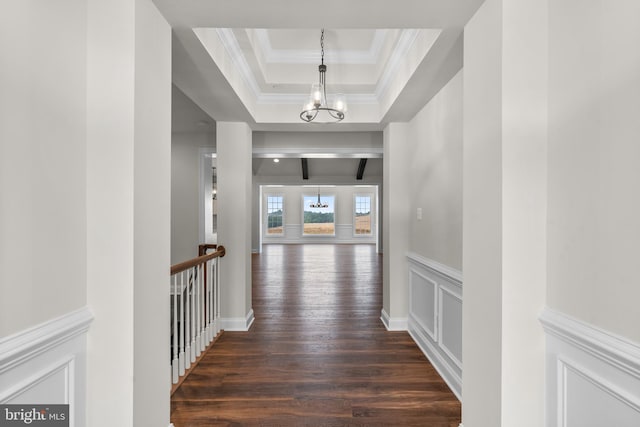 hall featuring a notable chandelier, ornamental molding, a tray ceiling, and dark hardwood / wood-style flooring