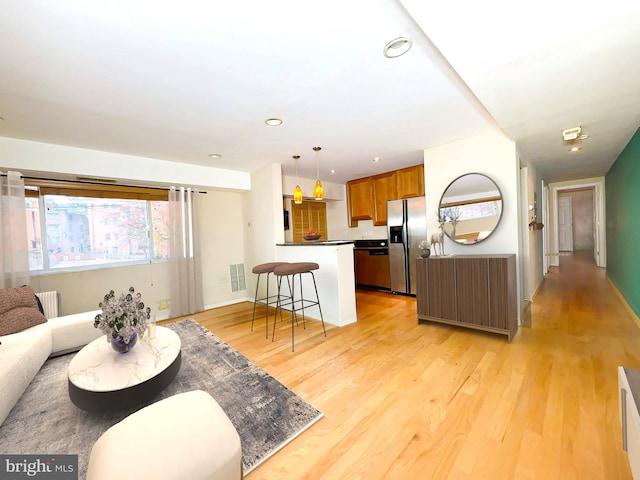 living room with radiator heating unit and light hardwood / wood-style flooring