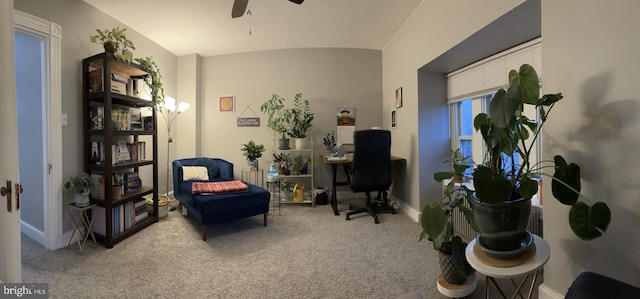 sitting room with carpet, ceiling fan, and lofted ceiling