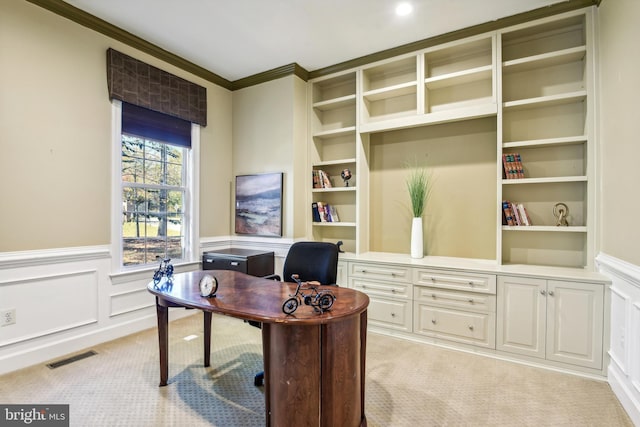708 Church Rd S, Upper Marlboro, MD 20774 - office featuring crown molding, light carpet, a wainscoted wall, and visible vents