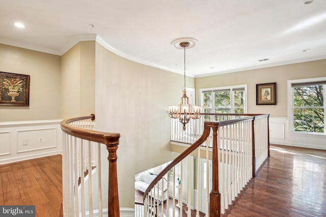 hallway with crown molding, dark hardwood / wood-style floors, and an inviting chandelier