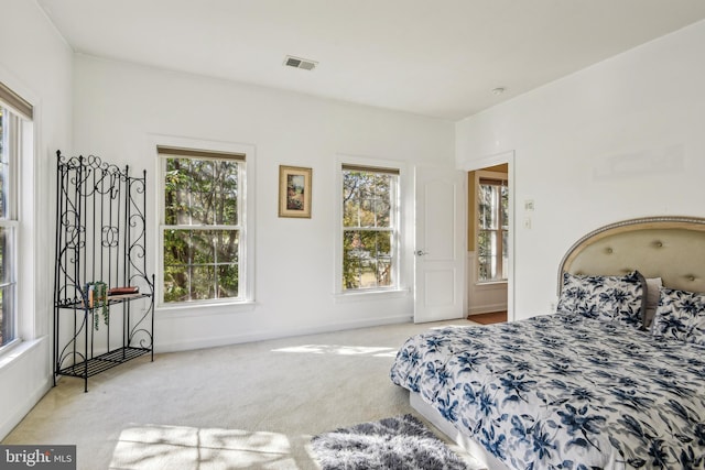 bedroom with multiple windows and light colored carpet