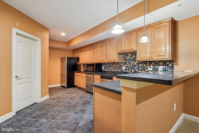 kitchen with light brown cabinets, kitchen peninsula, backsplash, pendant lighting, and appliances with stainless steel finishes