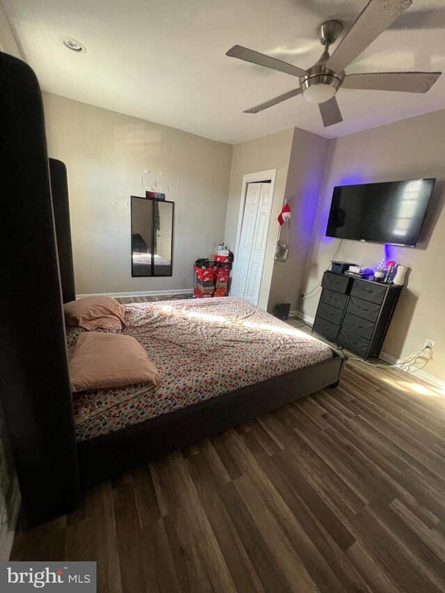 bedroom featuring a closet, ceiling fan, and hardwood / wood-style floors