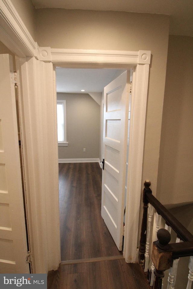 hallway with dark wood-type flooring