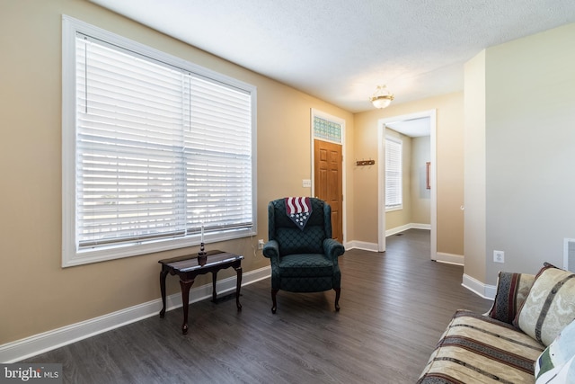 sitting room featuring dark wood-type flooring and a textured ceiling