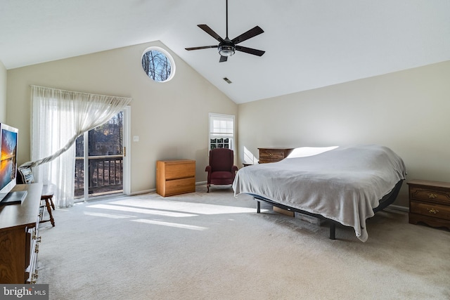 bedroom with light carpet, access to outside, high vaulted ceiling, and ceiling fan