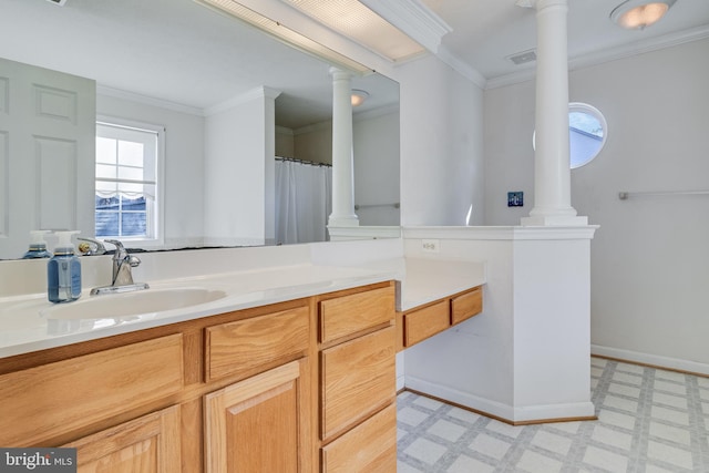 bathroom featuring a shower with curtain, crown molding, and vanity