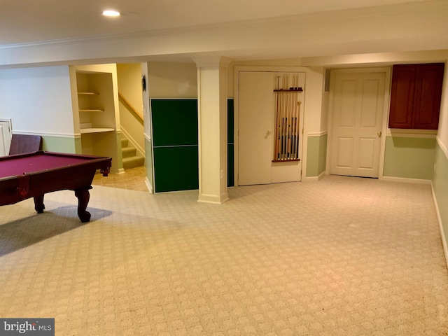 recreation room featuring light carpet and pool table