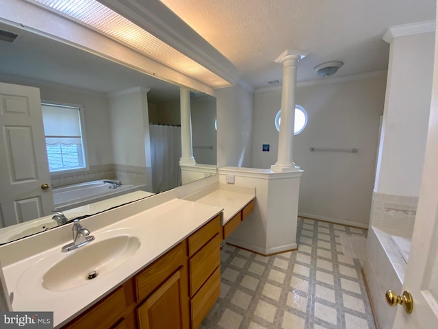 bathroom featuring crown molding, vanity, a textured ceiling, and plus walk in shower