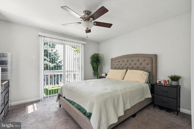 bedroom with ceiling fan and carpet flooring