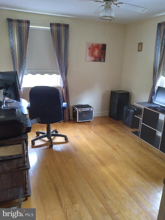 office area with light hardwood / wood-style floors and ceiling fan