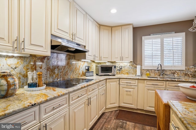 kitchen featuring light stone countertops, dark hardwood / wood-style flooring, backsplash, black electric cooktop, and sink