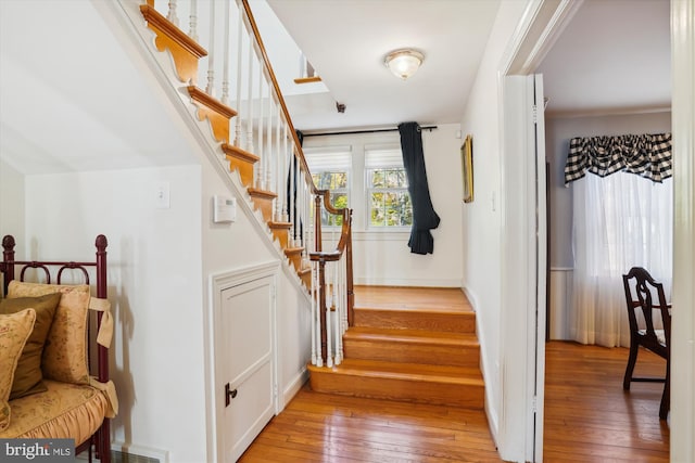 stairway with hardwood / wood-style flooring