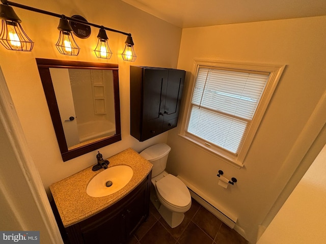 bathroom with tile patterned flooring, vanity, a baseboard radiator, and toilet