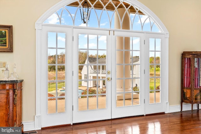 doorway with french doors, dark hardwood / wood-style floors, and a healthy amount of sunlight