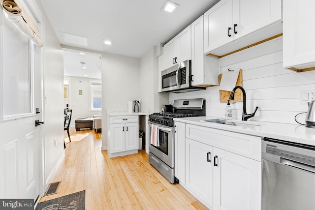 kitchen featuring stainless steel appliances, white cabinets, sink, tasteful backsplash, and light wood-type flooring