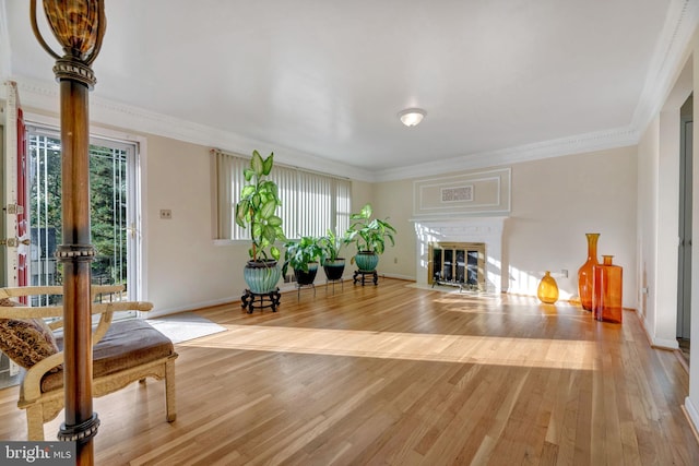 living area featuring ornamental molding and hardwood / wood-style floors