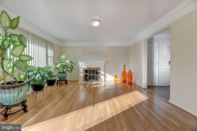 interior space featuring hardwood / wood-style flooring and ornamental molding