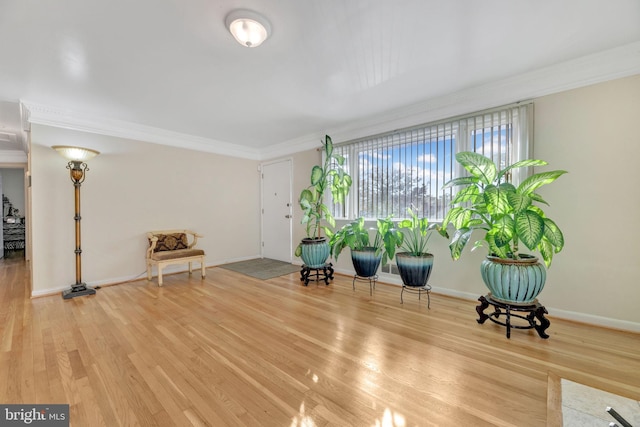 sitting room with ornamental molding and hardwood / wood-style floors