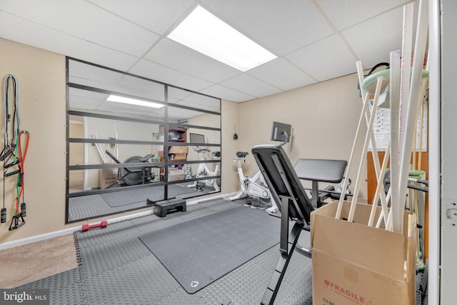 exercise area with a paneled ceiling and carpet floors