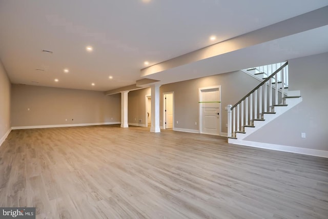 interior space with recessed lighting, visible vents, baseboards, light wood-style floors, and stairway