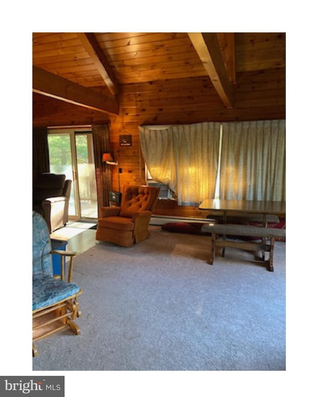 living room featuring a baseboard radiator, wood ceiling, lofted ceiling with beams, carpet floors, and wooden walls